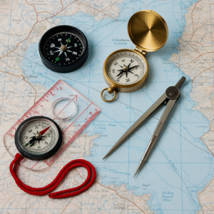 Discovery and Direction toolkit with compasses, dividers, and map tools laid out for strategic life planning and navigation.