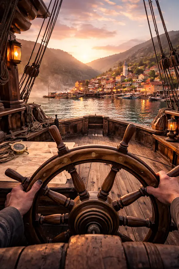 View from the helm of a wooden sailing ship approaching a warm coastal harbor village at sunrise, symbolizing find your path: how to find a new direction in life
