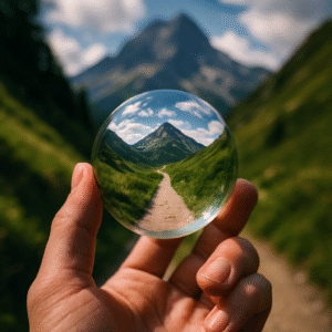 Hand holding a crystal orb reflecting a sharp mountain trail, symbolizing clarity and forward direction in life coaching.