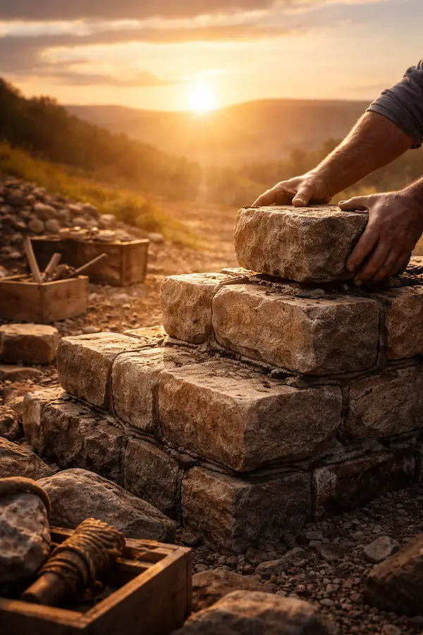 Hands stacking stone blocks to build a strong foundation at sunrise symbolizing breaking negative patterns and creating momentum in life