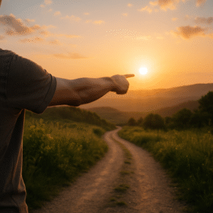 Outstretched arm pointing toward the rising sun over a winding trail, symbolizing the first step and new beginnings in life coaching.
