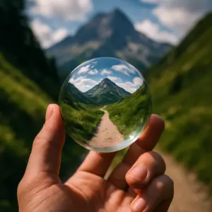 Hand holding a crystal ball that brings a mountain path into focus at sunrise symbolizing how to find direction in life and gain clarity about the future
