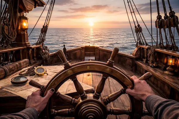 First-person view of hands on a wooden ship wheel with navigation tools and open ocean ahead symbolizing taking control and finding direction in life