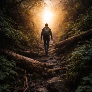 A man climbing a Rocky Mountain towards a bright sunrise, symbolizing how you can break negative patterns and build momentum