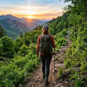 Woman hiking uphill on a mountain trail toward the sunrise, symbolizing breaking negative patterns, overcoming self-sabotage, and building momentum in life.