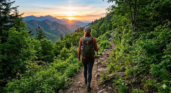 Woman hiking uphill on a mountain trail toward the sunrise, symbolizing breaking negative patterns, overcoming self-sabotage, and building momentum in life.