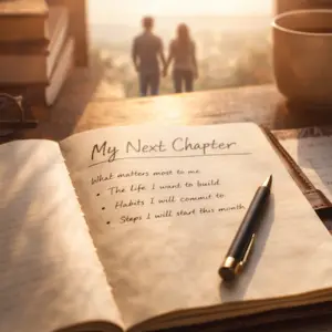 open journal with handwritten my next chapter with a plan to design your own life