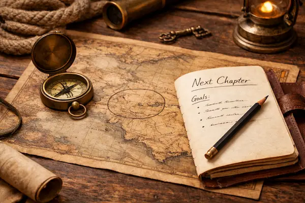 map with compass and journal planning a new life direction