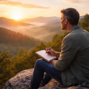 Man journaling at sunrise on a mountain overlook reflecting on life direction during a personal growth breakthrough coaching session for people feeling stuck and ready for change.