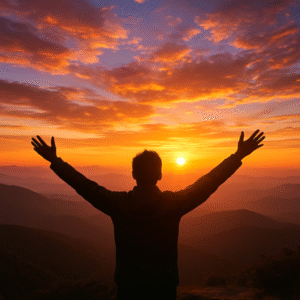 Person standing on a mountaintop at sunrise, arms extended upward, symbolizing personal transformation and lasting change through Path 2 Epiphany’s Epiphany Experience 12-Week Life Coaching.
