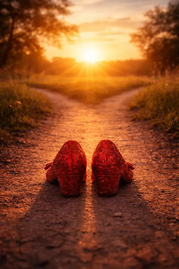 Ruby slippers resting on a crossroads path at sunrise symbolizing the moment of personal breakthrough and the power to stop feeling stuck and reinvent your life.