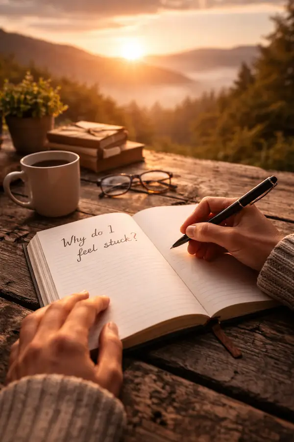 Hands writing the question “Why do I feel stuck?” in a journal at sunrise symbolizing self-reflection and the beginning of breaking negative patterns