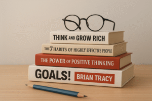 Stack of motivational and goal-setting books with reading glasses, symbolizing educational resources and personal growth.