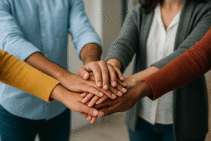 Zoom community support group with people joining hands in teamwork and connection