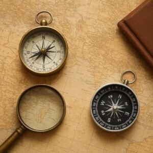 Map with compass and magnifying glass symbolizing finding clarity and direction in life coaching consultation