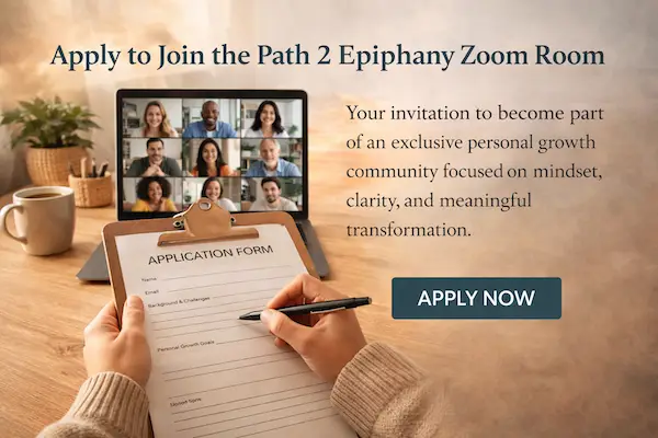 Person thoughtfully completing an application form at a home desk with a laptop showing a Zoom call, representing intentional entry into a private personal growth community.