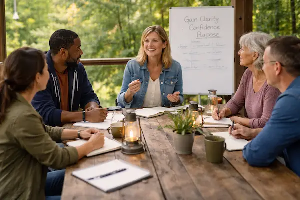 A diverse group of participants engaging in a guided mindset workshop at a life reset retreat, seated around a rustic outdoor table, taking notes, listening attentively, and reflecting on personal growth.