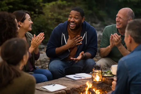 Participant excitedly sharing a personal breakthrough while a diverse group of retreat attendees listen, smile, and clap around a campfire, celebrating growth and transformation in nature.