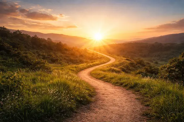 Winding dirt path through green hills at sunrise, symbolizing personal growth, clarity, and transformation.