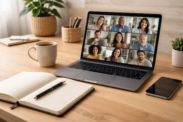 Minimal home workspace with a laptop showing a Zoom call, journal, pen, and coffee, designed for reflection, goal-setting, and personal growth.
