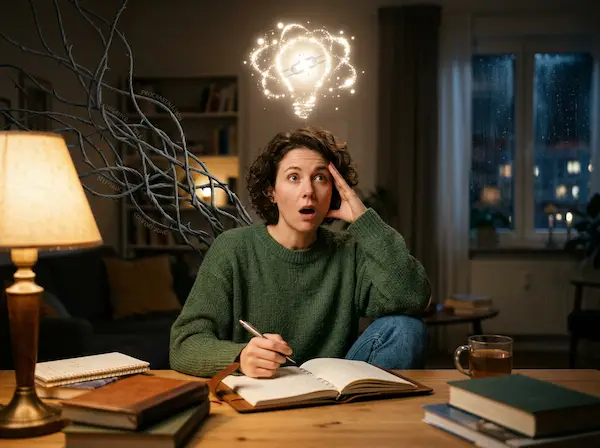 A woman having an aha moment realizing negative habits and self-sabotaging patterns that are holding her back in life.