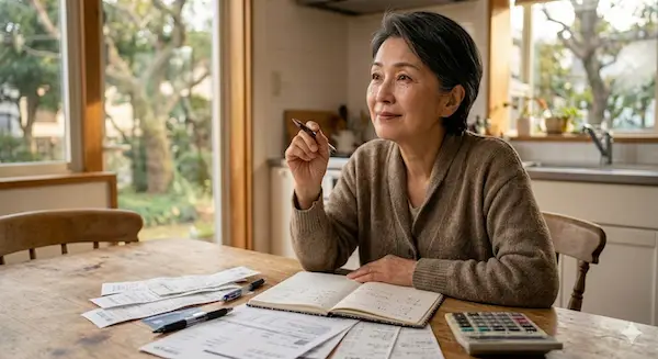 Woman realizing spending habits while reviewing receipts and notes