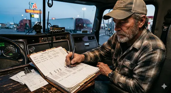 Truck Driver tracking expenses consistently in a notebook with organized layout