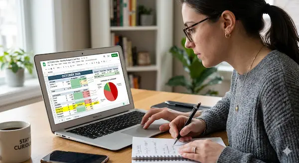 Person organizing expenses and income on a spreadsheet