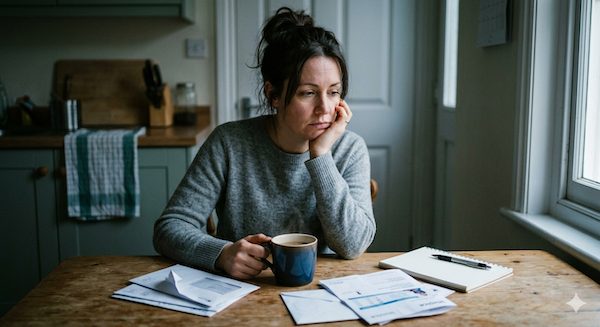 woman sitting at table feeling stressed about finances and life direction