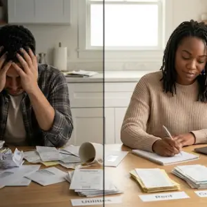 Split image illustrating a get out of debt course with a stressed man facing bills on one side and a calm woman organizing a budget on the other, showing the shift from financial stress to control
