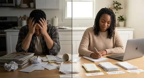 Split image illustrating a get out of debt course with a stressed man facing bills on one side and a calm woman organizing a budget on the other, showing the shift from financial stress to control