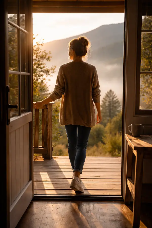 woman stepping onto a porch at sunrise symbolizing how a fresh start in life is a process