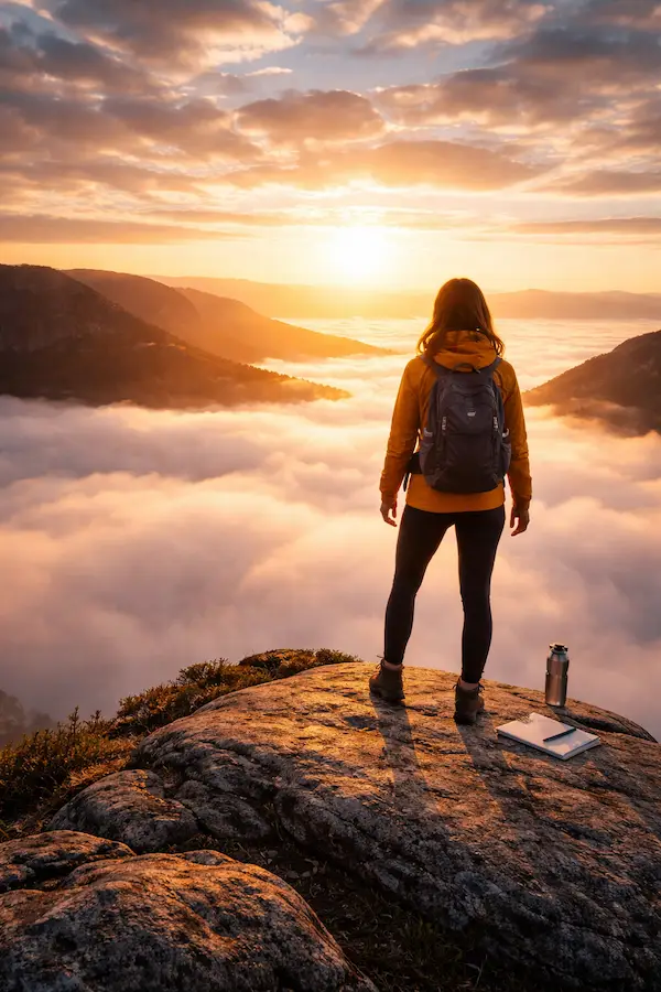 Woman standing on a mountain above the clouds at sunrise symbolizing clarity, breakthrough, and beginning a fresh start in life.