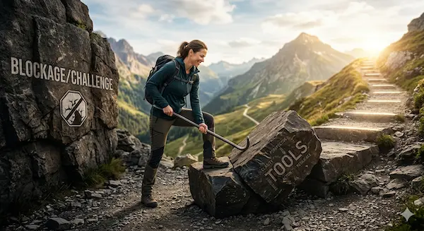 A woman using a lever to move a large stone labeled "TOOLS" into a gap in a mountain path, transforming a blockage into a step leading upward toward a sunlit peak.