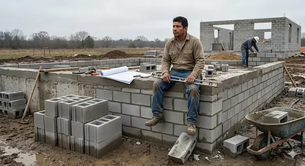 A weary man in work clothes sits amidst a muddy construction site, holding a level as he looks at an unfinished house foundation.