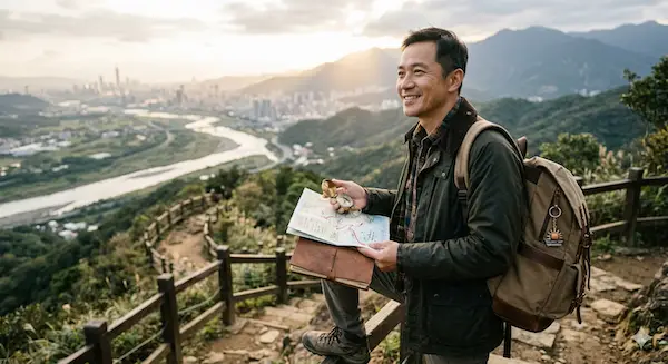 A smiling middle-aged man standing on a scenic mountain trail, holding a map and compass while looking thoughtfully toward a city in the distance at sunset.