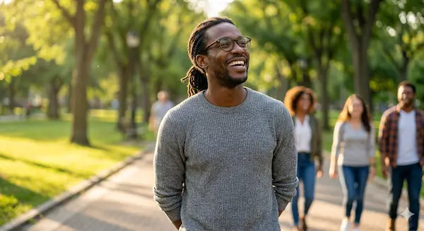 Smiling man walking outdoors, free from financial stress