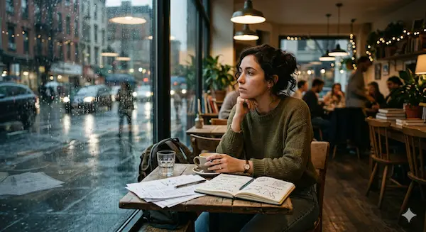Woman sitting in a coffee shop journaling and staring out a rainy window, reflecting on what is missing in her life and where to begin making a change