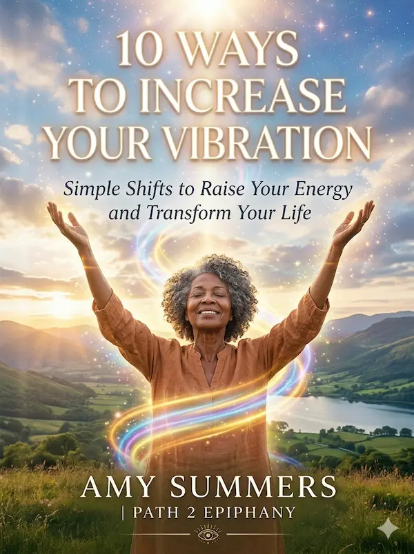 Ebook cover showing a serene woman standing in a glowing sunrise with arms raised as colorful energy swirls around her, symbolizing high vibration, peace, and spiritual growth.
