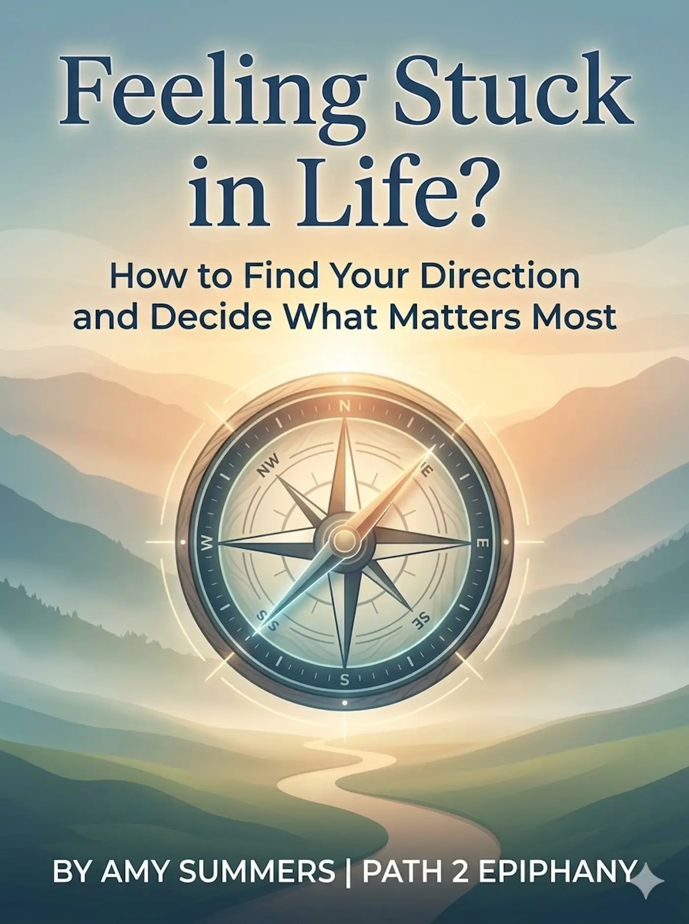Compass rising like the sun over a mountain path symbolizing finding direction in life and gaining clarity about what matters most