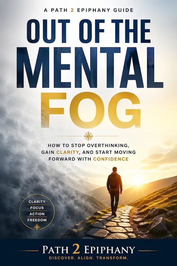 Man walking out of fog into sunlight on a mountain path symbolizing overcoming overthinking and gaining clarity