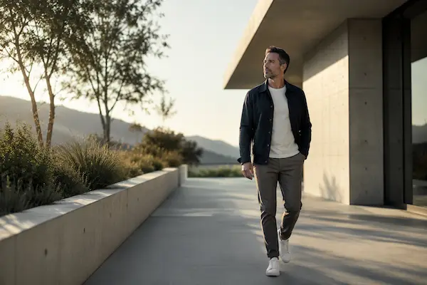 Confident man walking through a modern architectural outdoor space in soft natural light representing personal growth and intentional transformation