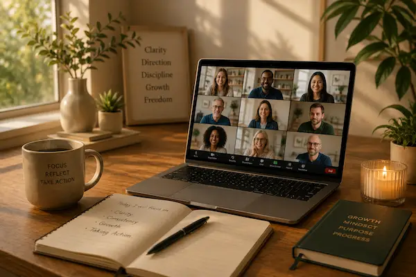 Private personal growth community meeting through Zoom with journal, coffee, and focused participants in a calm home workspace