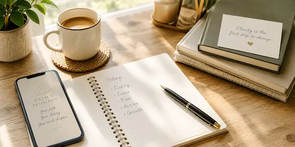 Phone, notebook and pen on a desk to book a clarity call.