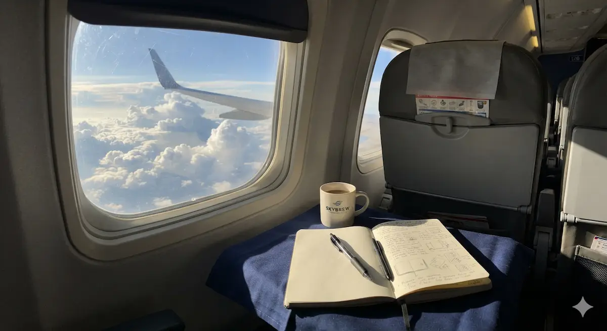 Discovering the magic of gratitude journaling beside a coffee cup on an airplane with clouds visible through the window