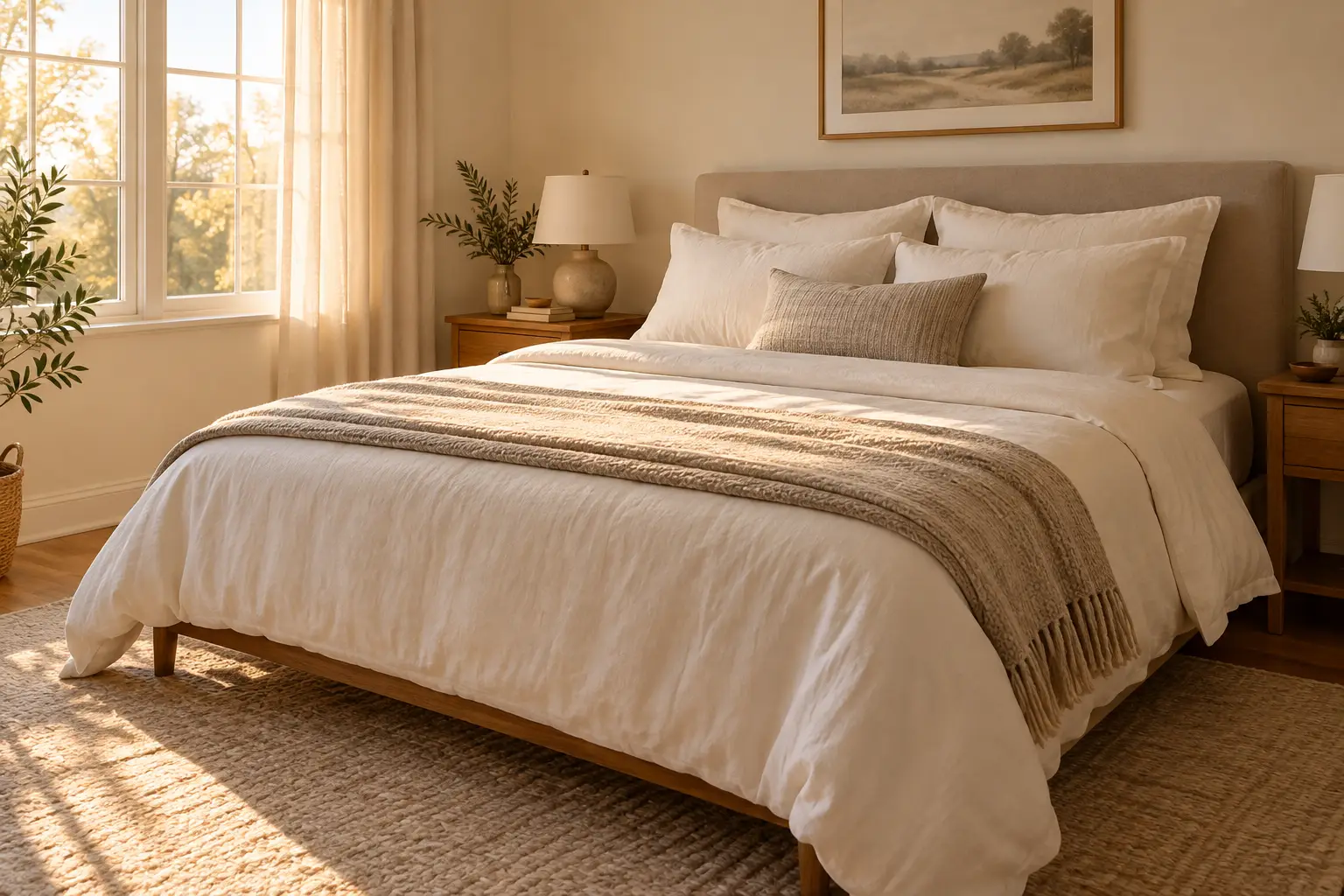 Perfectly made bed with cream bedding and a folded beige throw in warm morning sunlight.