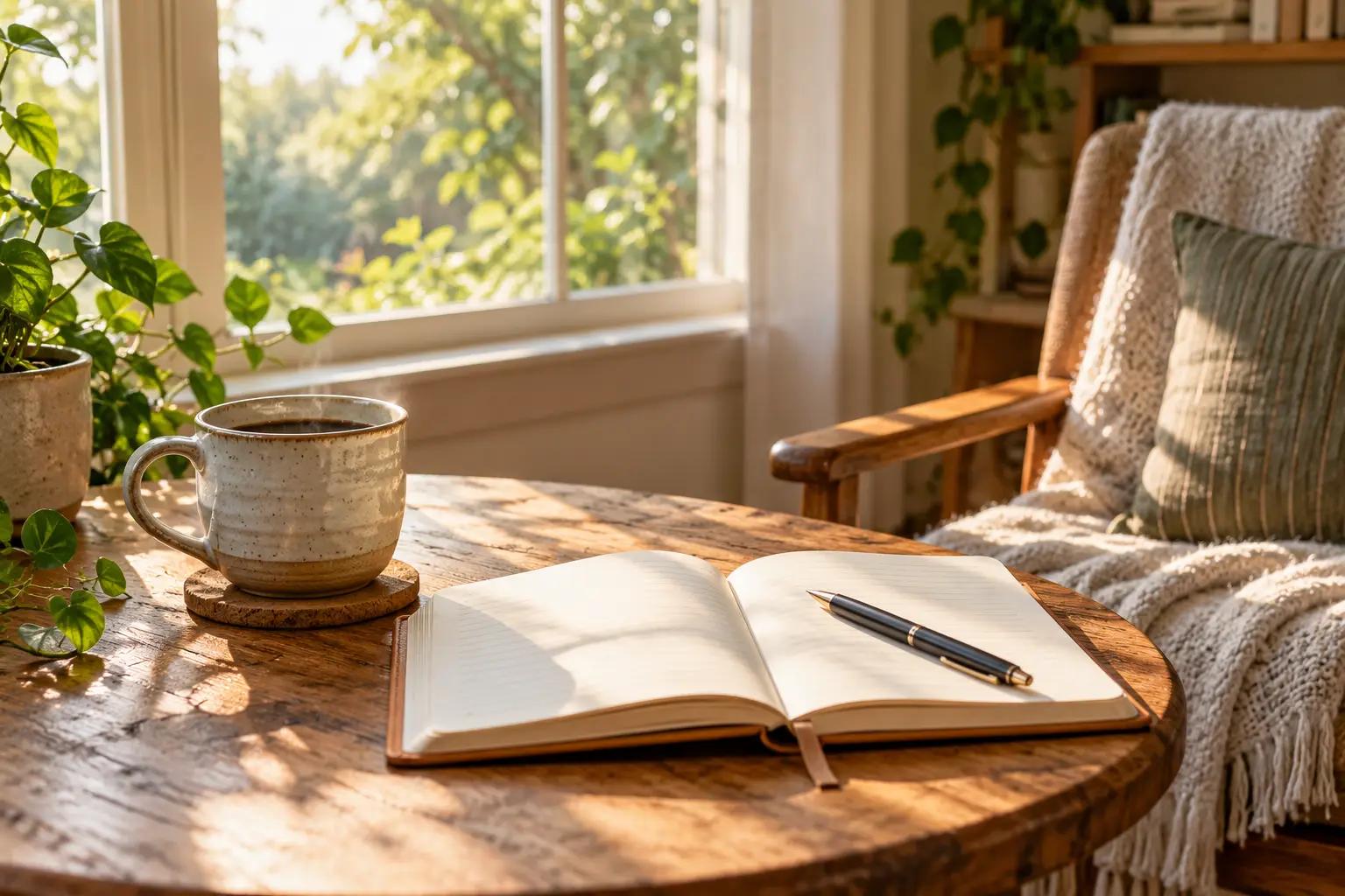 Coffee and an open journal on a wooden table beside a sunlit window and an empty chair.